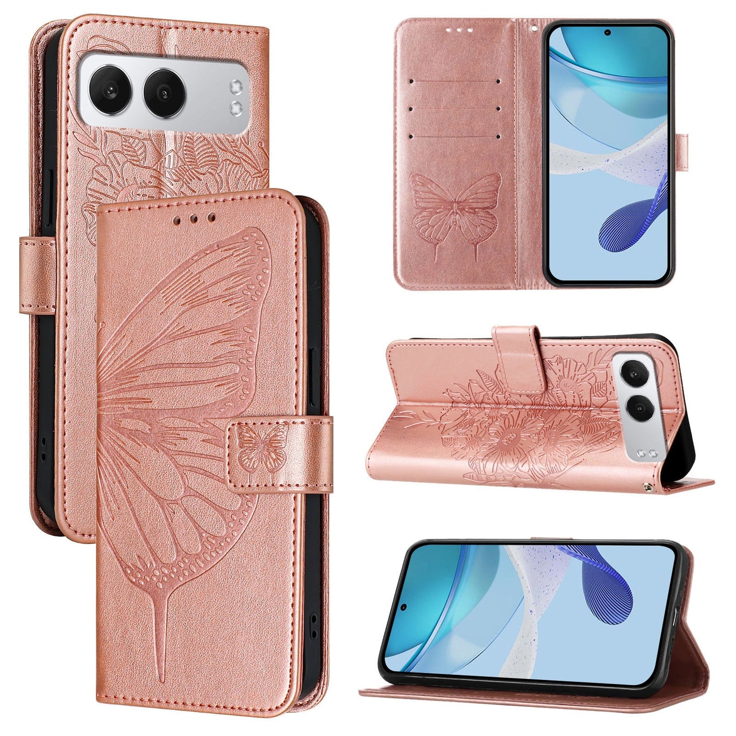 For OnePlus Nord 4 Case YB Imprinting Series-4 Butterfly Flower Flip Wallet Leather Phone Cover -  Rose Gold