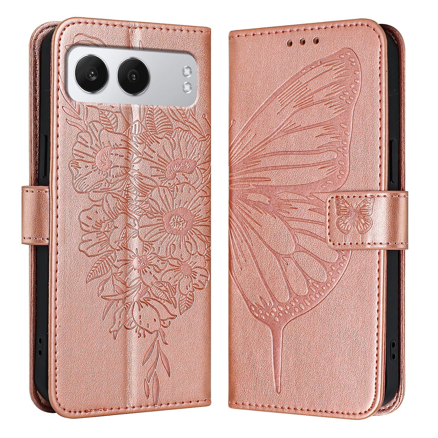 For OnePlus Nord 4 Case YB Imprinting Series-4 Butterfly Flower Flip Wallet Leather Phone Cover -  Rose Gold
