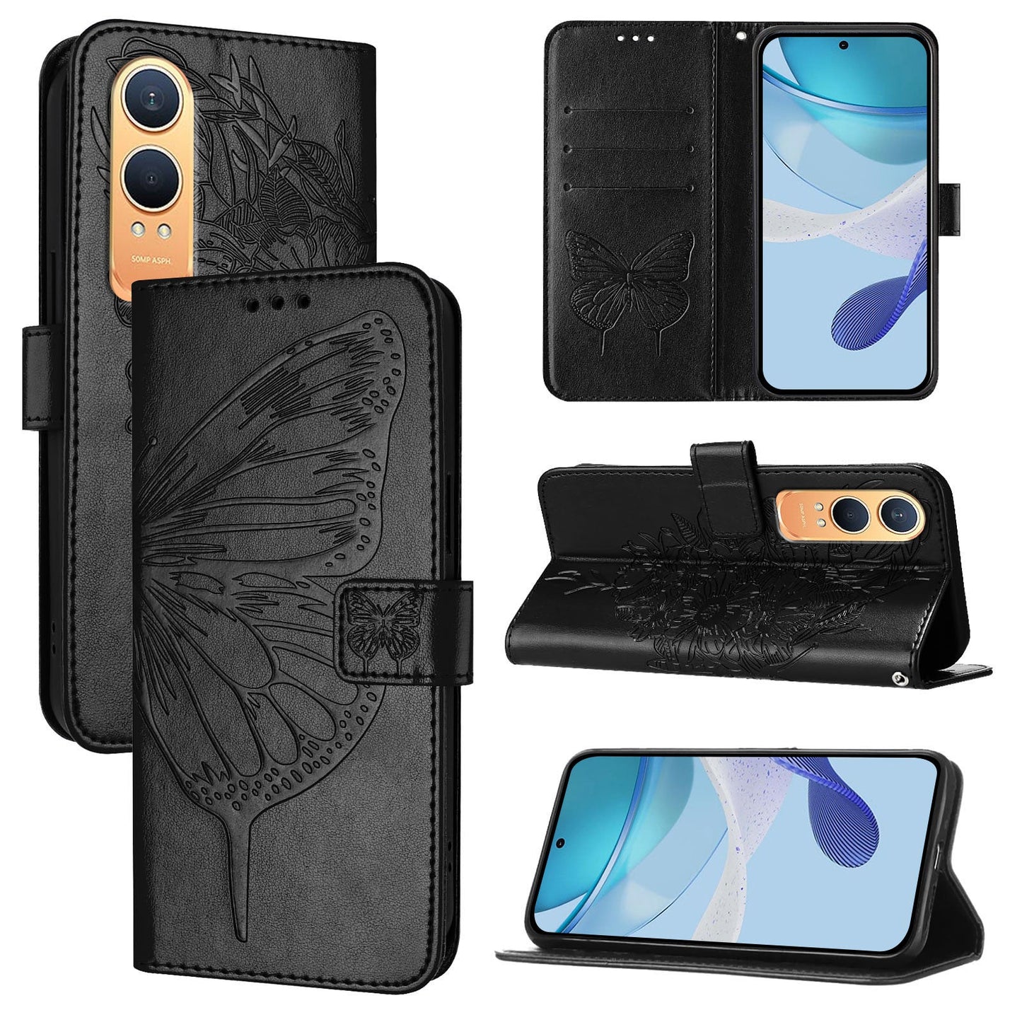 For OnePlus Nord CE4 Lite 5G Case YB Imprinting Series-4 Butterfly Flower Flip Wallet Leather Phone Cover - Black