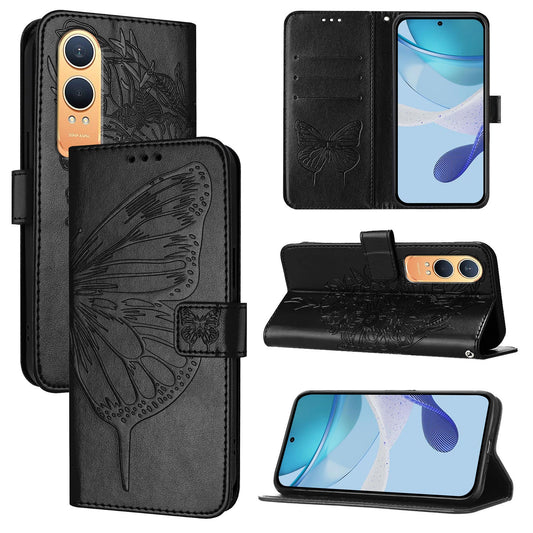 For OnePlus Nord CE4 Lite 5G Case YB Imprinting Series-4 Butterfly Flower Flip Wallet Leather Phone Cover - Black