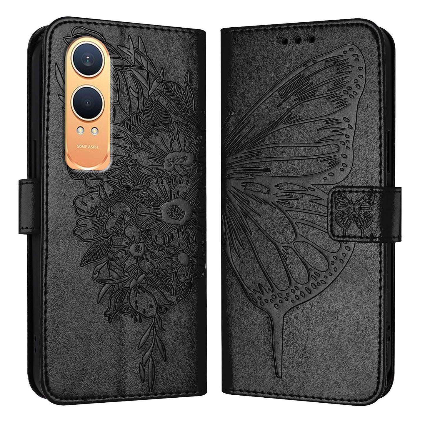 For OnePlus Nord CE4 Lite 5G Case YB Imprinting Series-4 Butterfly Flower Flip Wallet Leather Phone Cover - Black