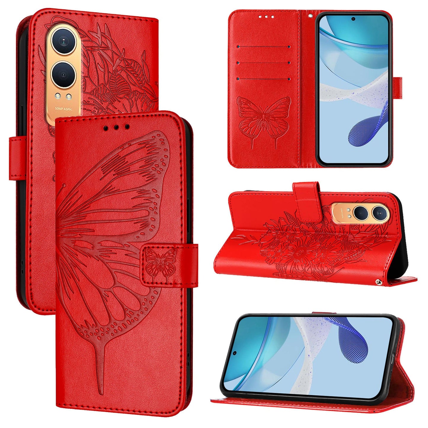 For OnePlus Nord CE4 Lite 5G Case YB Imprinting Series-4 Butterfly Flower Flip Wallet Leather Phone Cover - Red