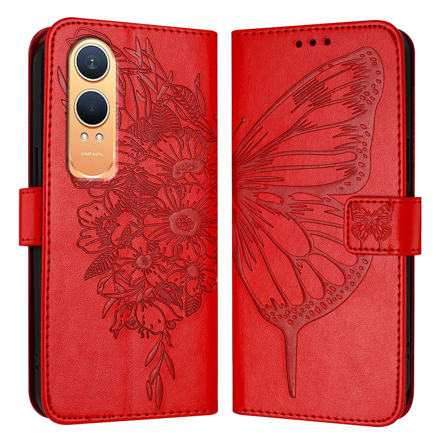 For OnePlus Nord CE4 Lite 5G Case YB Imprinting Series-4 Butterfly Flower Flip Wallet Leather Phone Cover - Red