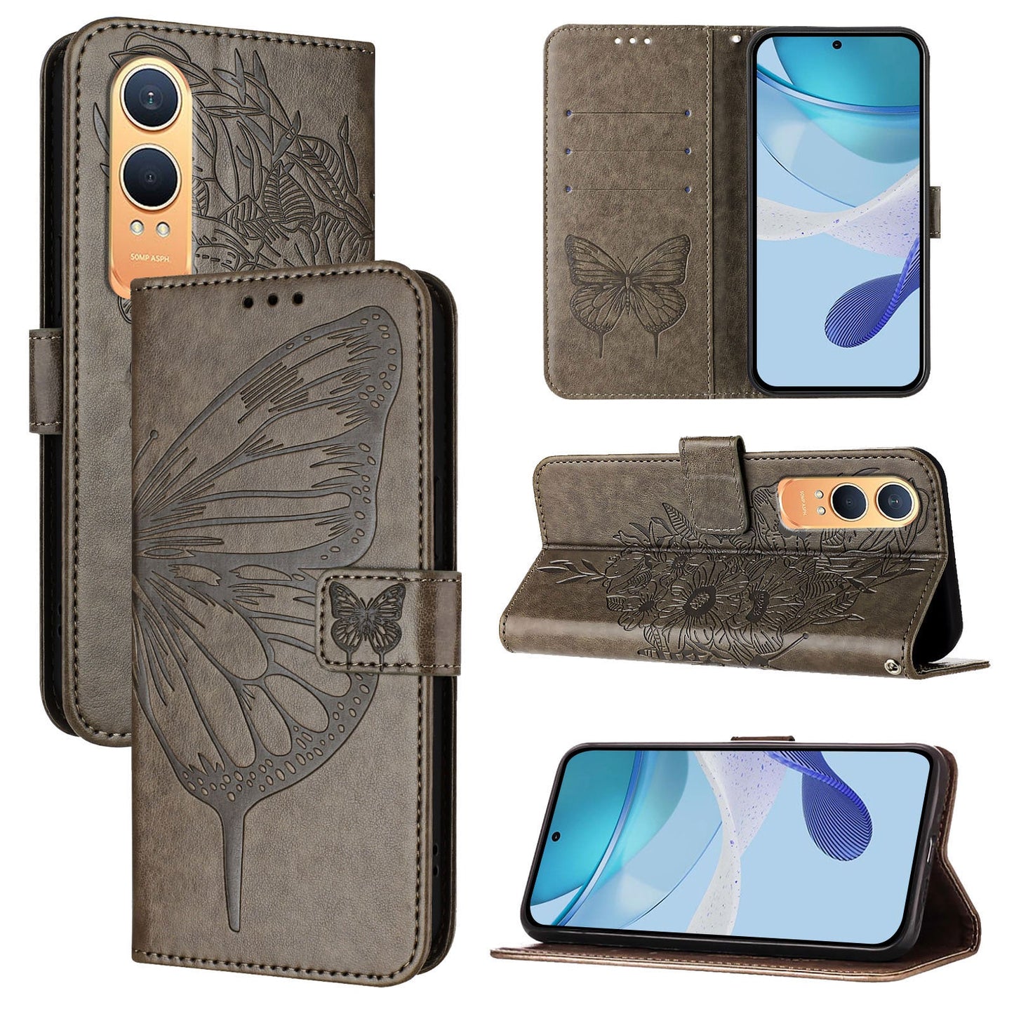 For OnePlus Nord CE4 Lite 5G Case YB Imprinting Series-4 Butterfly Flower Flip Wallet Leather Phone Cover - Grey