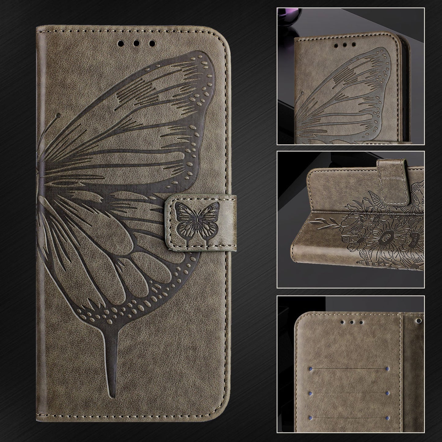 For OnePlus Nord CE4 Lite 5G Case YB Imprinting Series-4 Butterfly Flower Flip Wallet Leather Phone Cover - Grey