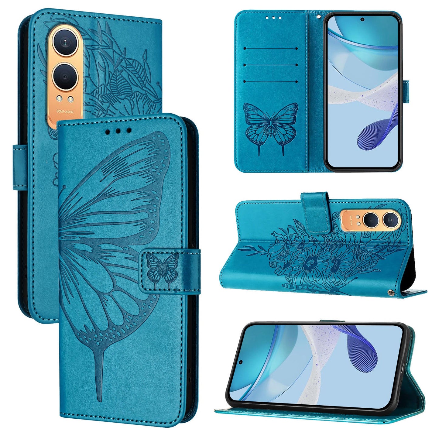 For OnePlus Nord CE4 Lite 5G Case YB Imprinting Series-4 Butterfly Flower Flip Wallet Leather Phone Cover - Blue