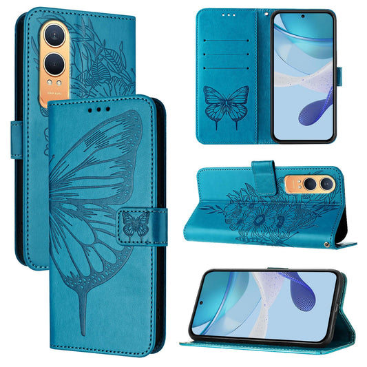 For OnePlus Nord CE4 Lite 5G Case YB Imprinting Series-4 Butterfly Flower Flip Wallet Leather Phone Cover - Blue