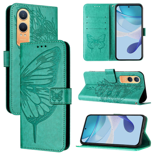For OnePlus Nord CE4 Lite 5G Case YB Imprinting Series-4 Butterfly Flower Flip Wallet Leather Phone Cover - Green