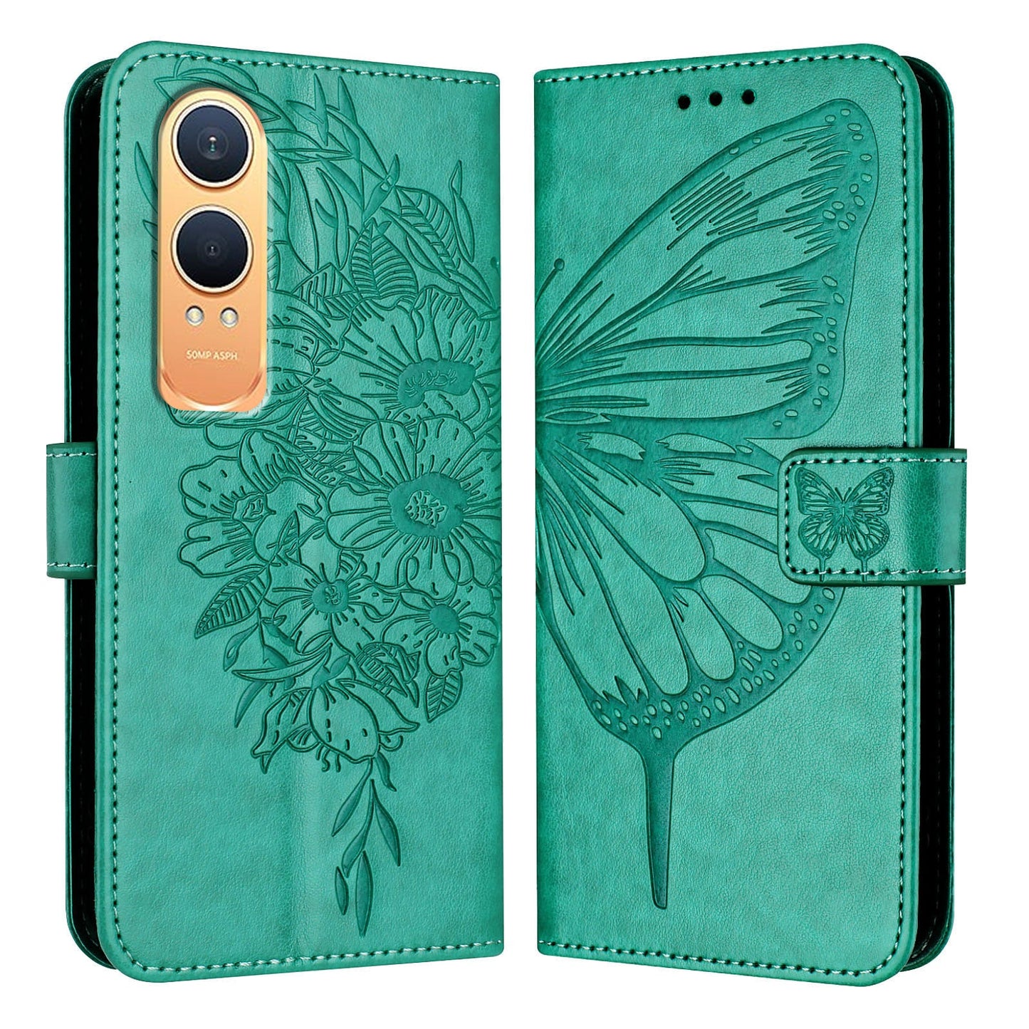 For OnePlus Nord CE4 Lite 5G Case YB Imprinting Series-4 Butterfly Flower Flip Wallet Leather Phone Cover - Green