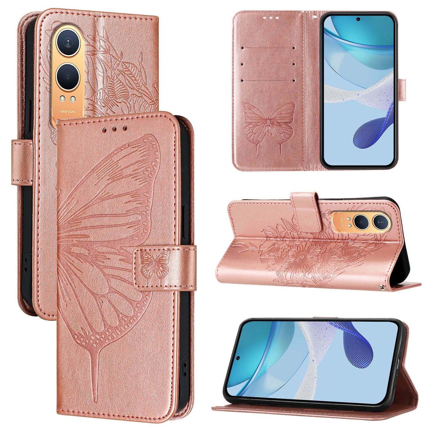 For OnePlus Nord CE4 Lite 5G Case YB Imprinting Series-4 Butterfly Flower Flip Wallet Leather Phone Cover -  Rose Gold