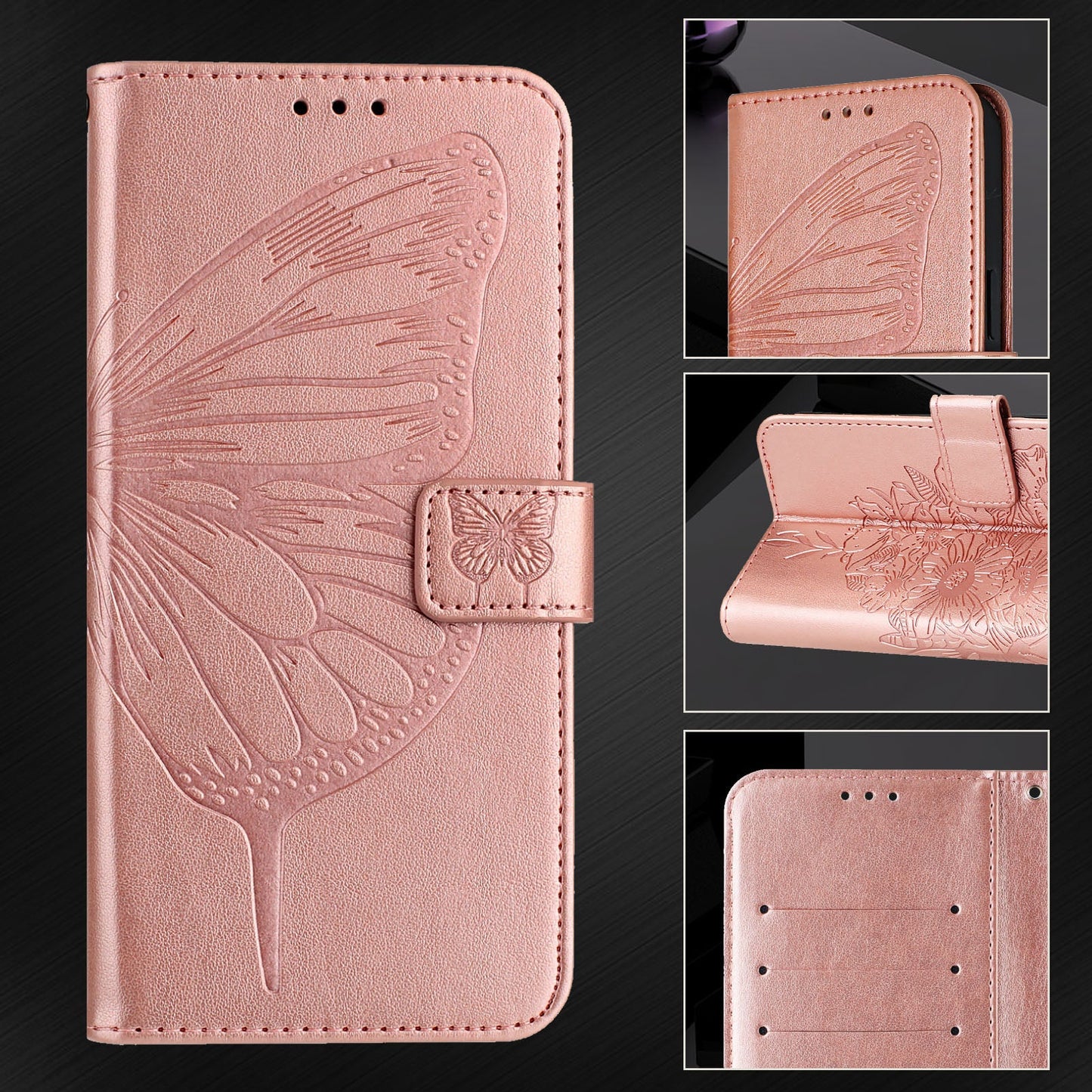 For OnePlus Nord CE4 Lite 5G Case YB Imprinting Series-4 Butterfly Flower Flip Wallet Leather Phone Cover -  Rose Gold