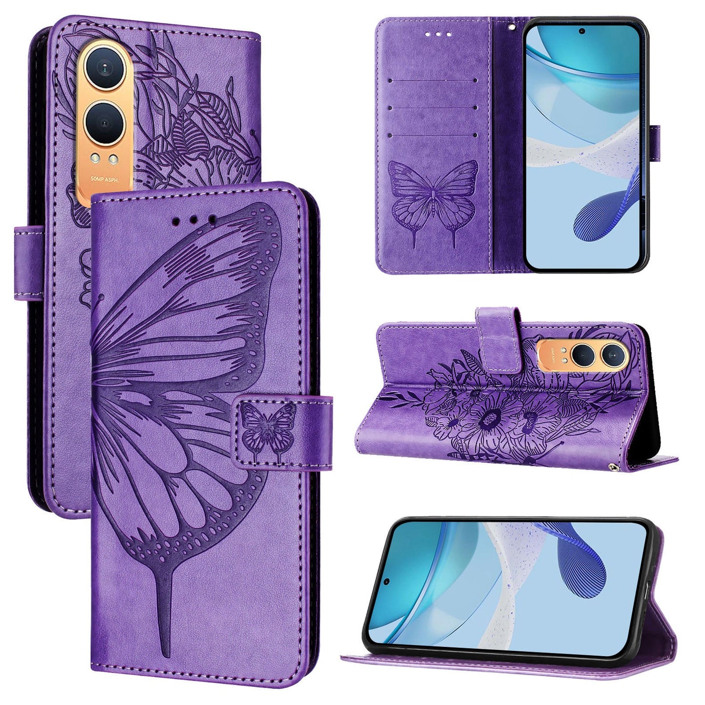 For OnePlus Nord CE4 Lite 5G Case YB Imprinting Series-4 Butterfly Flower Flip Wallet Leather Phone Cover - Purple