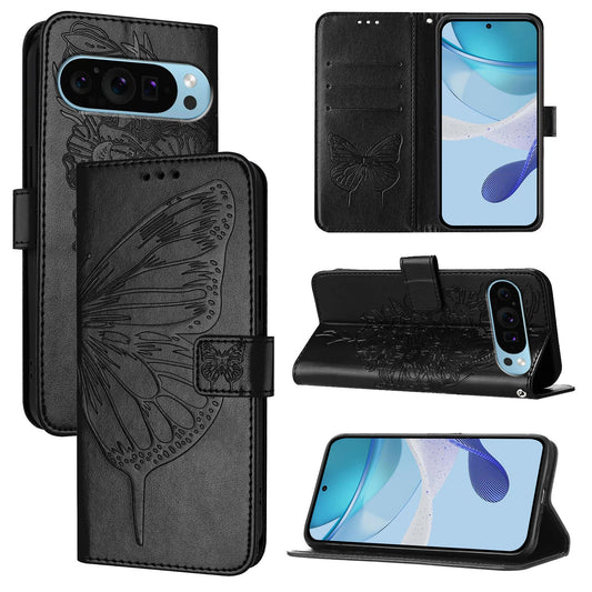 For Google Pixel 9 Pro / Google Pixel 9 Case YB Imprinting Series-4 Butterfly Flower Flip Wallet Leather Phone Cover - Black