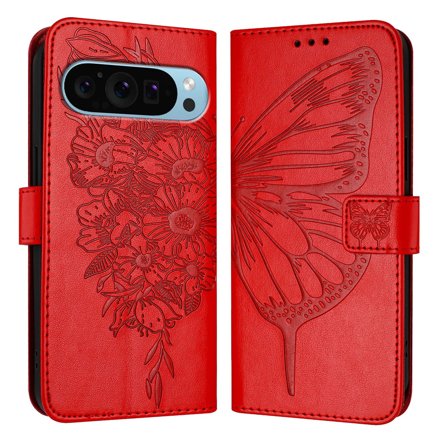 For Google Pixel 9 Pro / Google Pixel 9 Case YB Imprinting Series-4 Butterfly Flower Flip Wallet Leather Phone Cover - Red