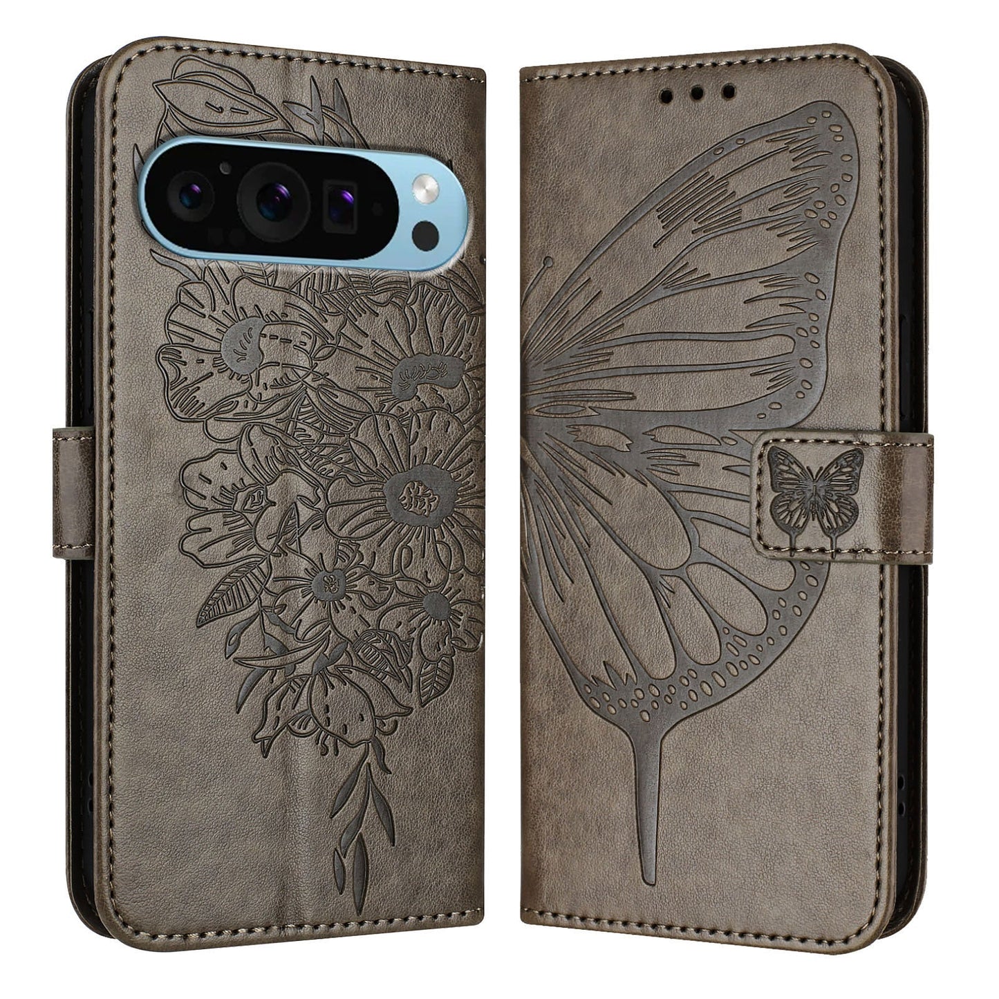 For Google Pixel 9 Pro / Google Pixel 9 Case YB Imprinting Series-4 Butterfly Flower Flip Wallet Leather Phone Cover - Grey