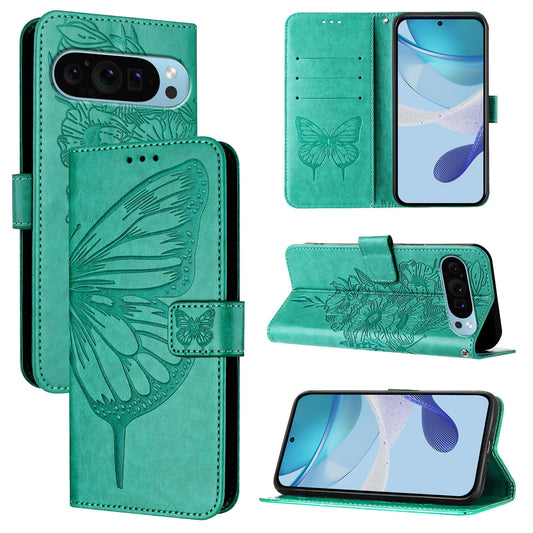 For Google Pixel 9 Pro / Google Pixel 9 Case YB Imprinting Series-4 Butterfly Flower Flip Wallet Leather Phone Cover - Green