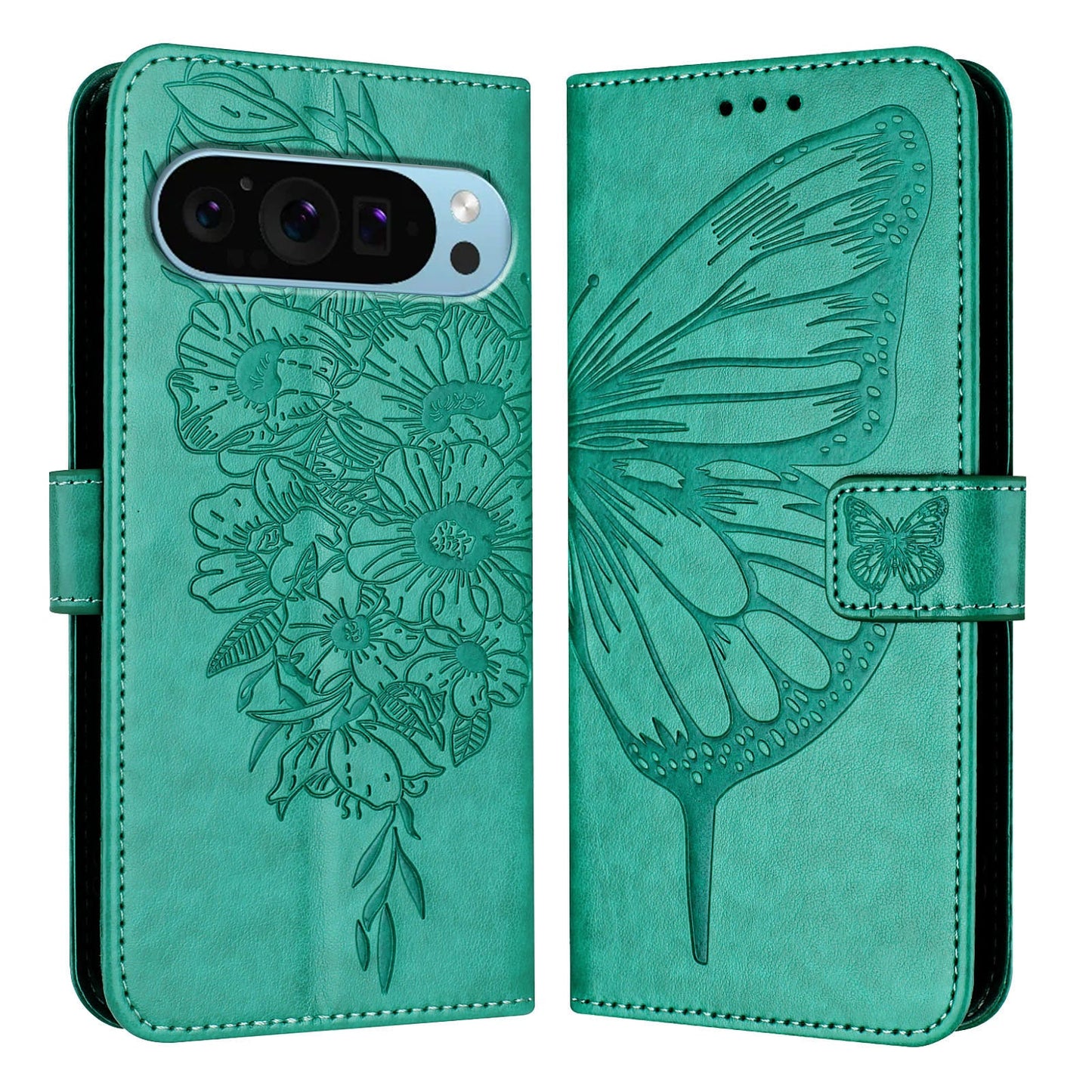 For Google Pixel 9 Pro / Google Pixel 9 Case YB Imprinting Series-4 Butterfly Flower Flip Wallet Leather Phone Cover - Green