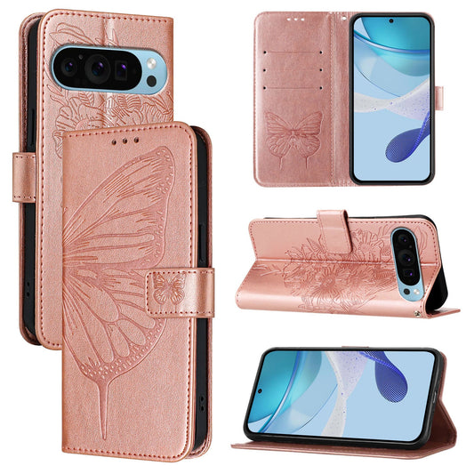 For Google Pixel 9 Pro / Google Pixel 9 Case YB Imprinting Series-4 Butterfly Flower Flip Wallet Leather Phone Cover -  Rose Gold