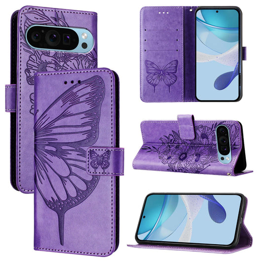 For Google Pixel 9 Pro / Google Pixel 9 Case YB Imprinting Series-4 Butterfly Flower Flip Wallet Leather Phone Cover - Purple