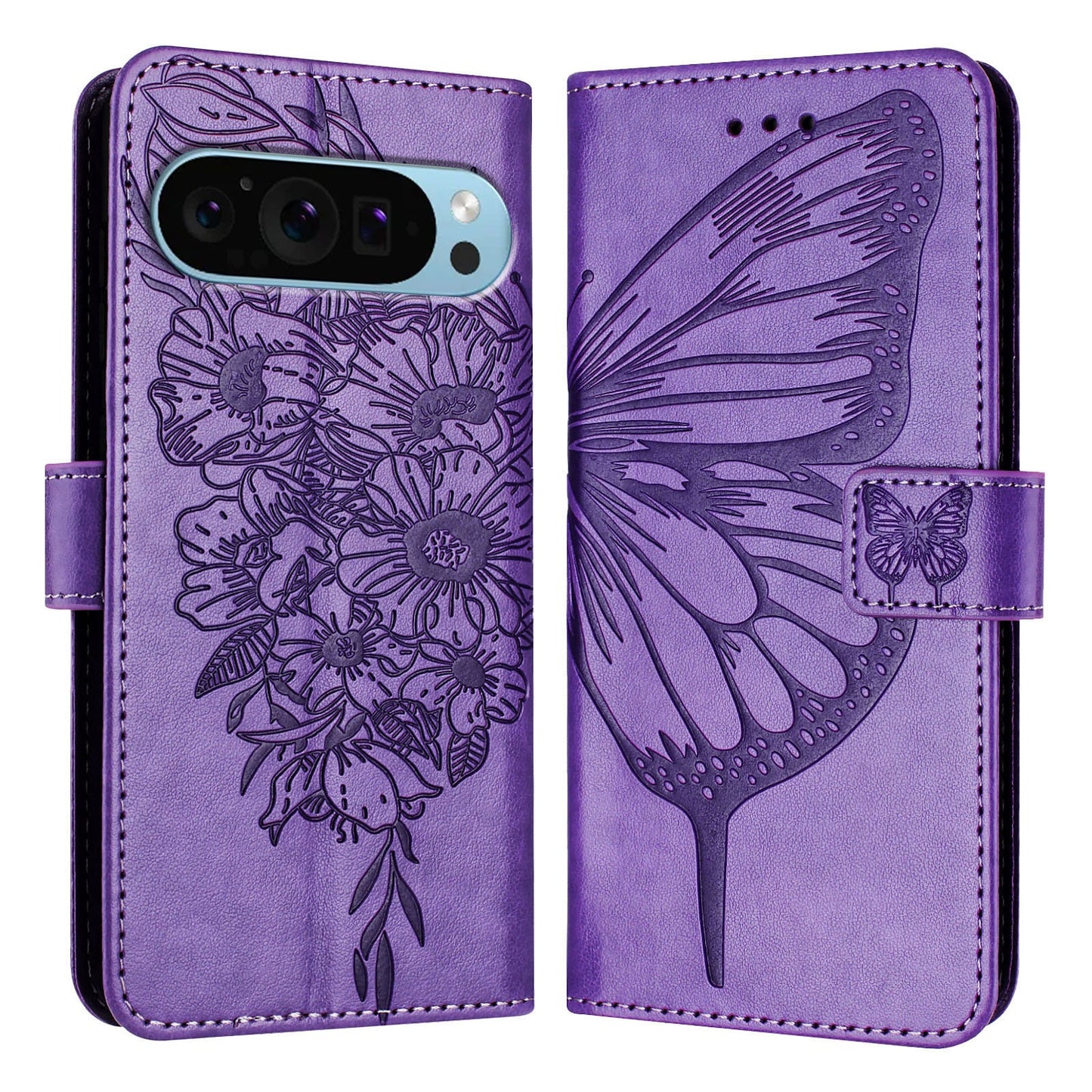 For Google Pixel 9 Pro / Google Pixel 9 Case YB Imprinting Series-4 Butterfly Flower Flip Wallet Leather Phone Cover - Purple