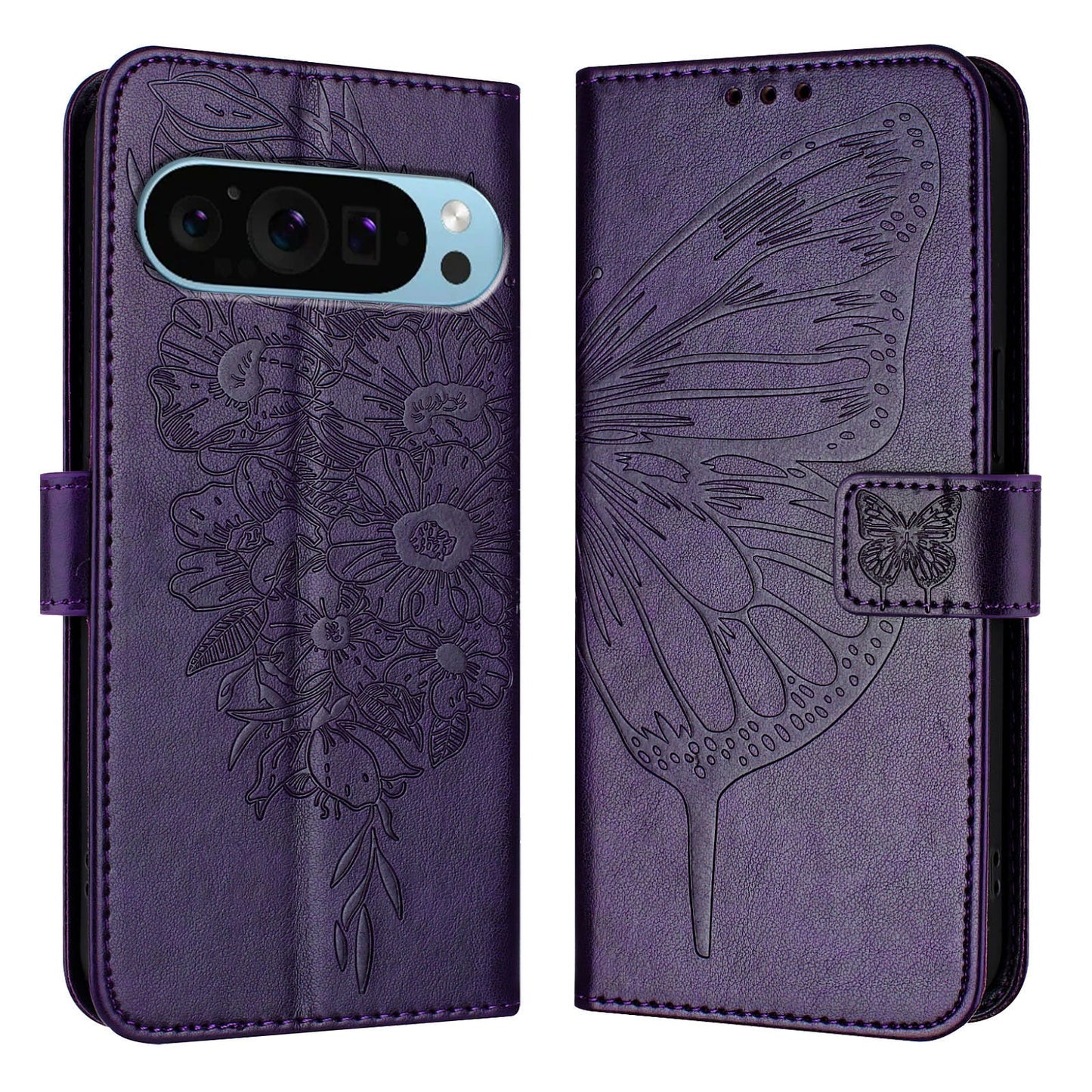 For Google Pixel 9 Pro / Google Pixel 9 Case YB Imprinting Series-4 Butterfly Flower Flip Wallet Leather Phone Cover - Dark Purple