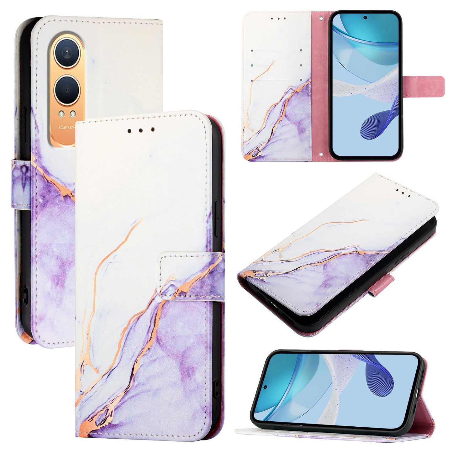 For OnePlus Nord CE4 Lite 5G Case YB Pattern Printing Leather Series-5   Marble Pattern Wallet Phone Cover - White / Purple LS006