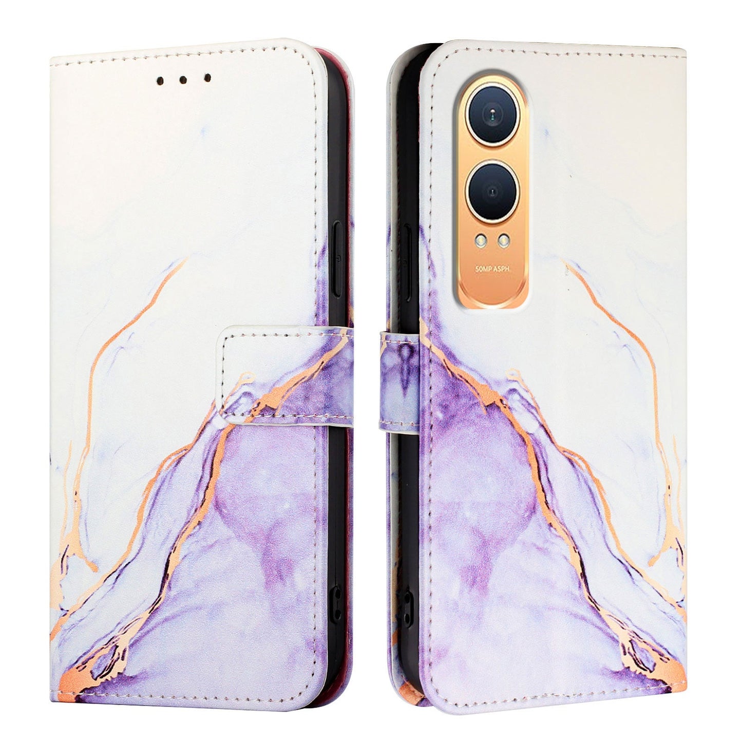 For OnePlus Nord CE4 Lite 5G Case YB Pattern Printing Leather Series-5   Marble Pattern Wallet Phone Cover - White / Purple LS006