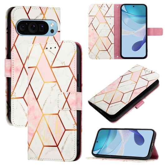 For Google Pixel 9 Pro XL Case YB Pattern Printing Leather Series-5   Marble Pattern Wallet Phone Cover -  Pink / White LS002