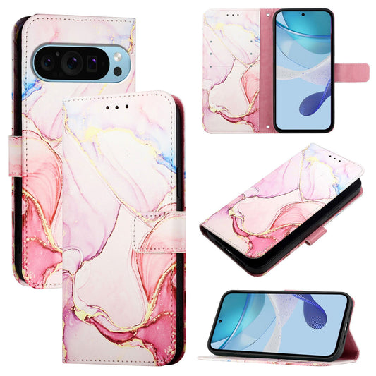 For Google Pixel 9 Pro / Google Pixel 9 Case YB Pattern Printing Leather Series-5   Marble Pattern Wallet Phone Cover - Rose Gold LS005