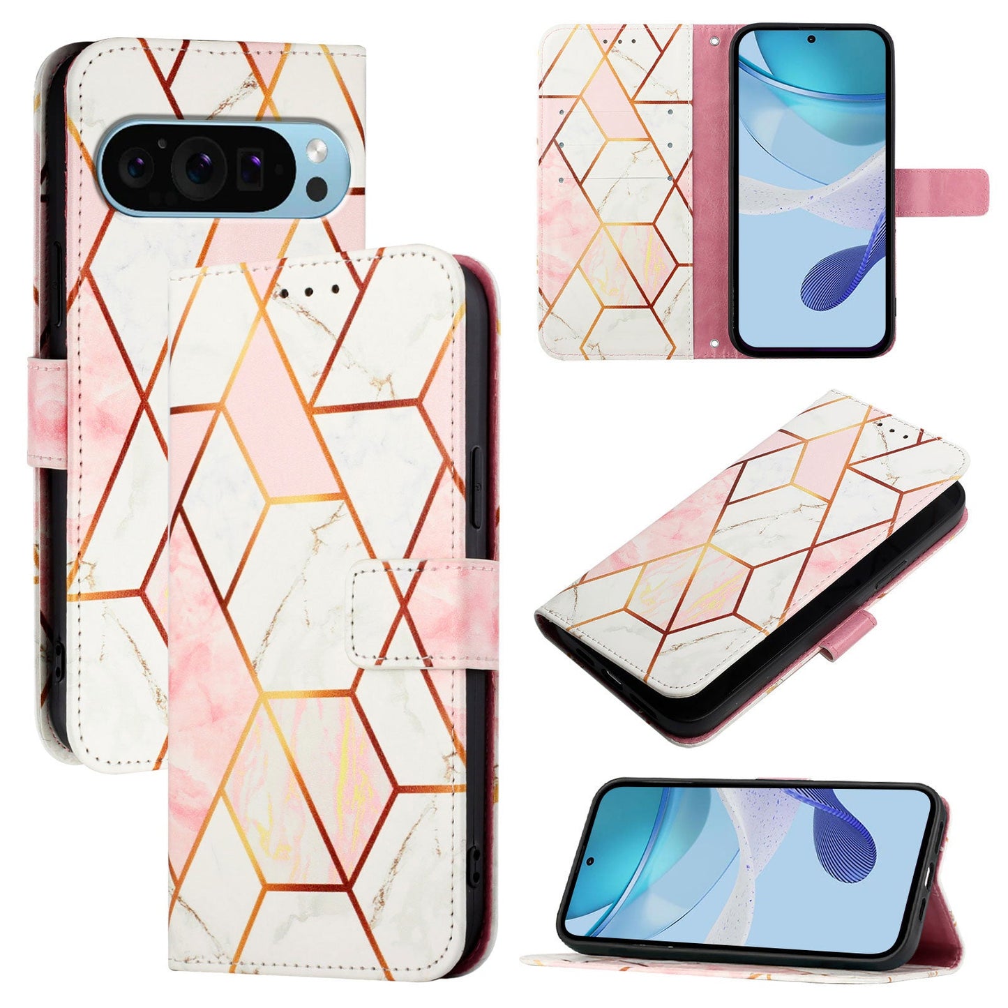 For Google Pixel 9 Pro / Google Pixel 9 Case YB Pattern Printing Leather Series-5   Marble Pattern Wallet Phone Cover -  Pink / White LS002