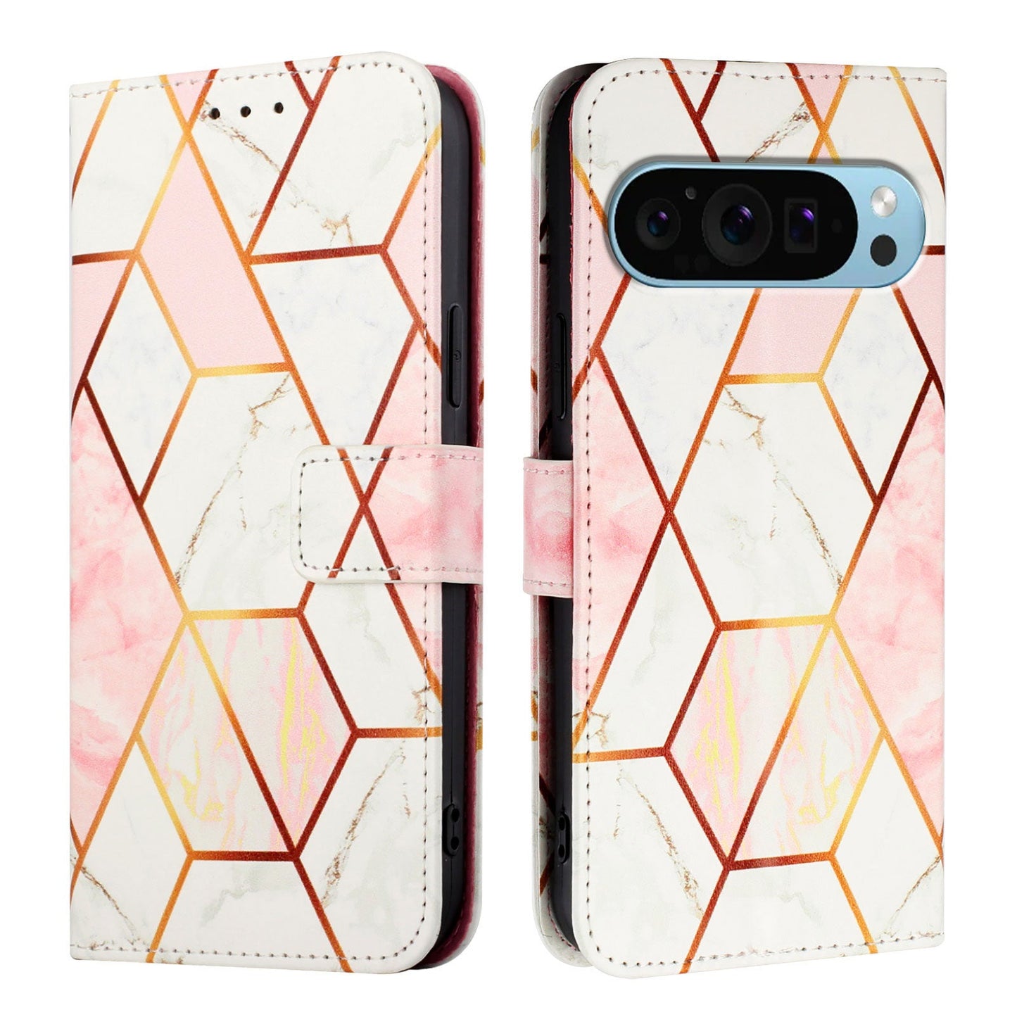For Google Pixel 9 Pro / Google Pixel 9 Case YB Pattern Printing Leather Series-5   Marble Pattern Wallet Phone Cover -  Pink / White LS002