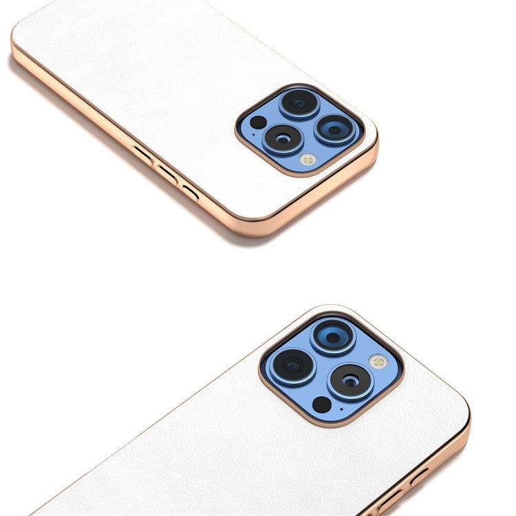 For iPhone 16 Pro Case Electroplating Phone Cover PU Leather+TPU Litchi Texture Case - White