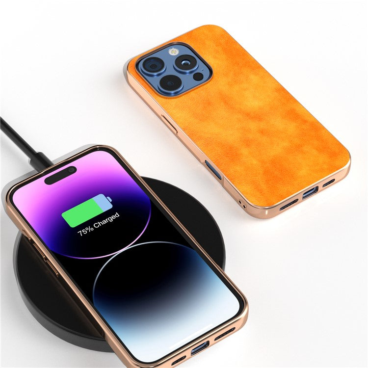 For iPhone 16 Pro Case Electroplating Phone Cover PU Leather+TPU Litchi Texture Case - Orange