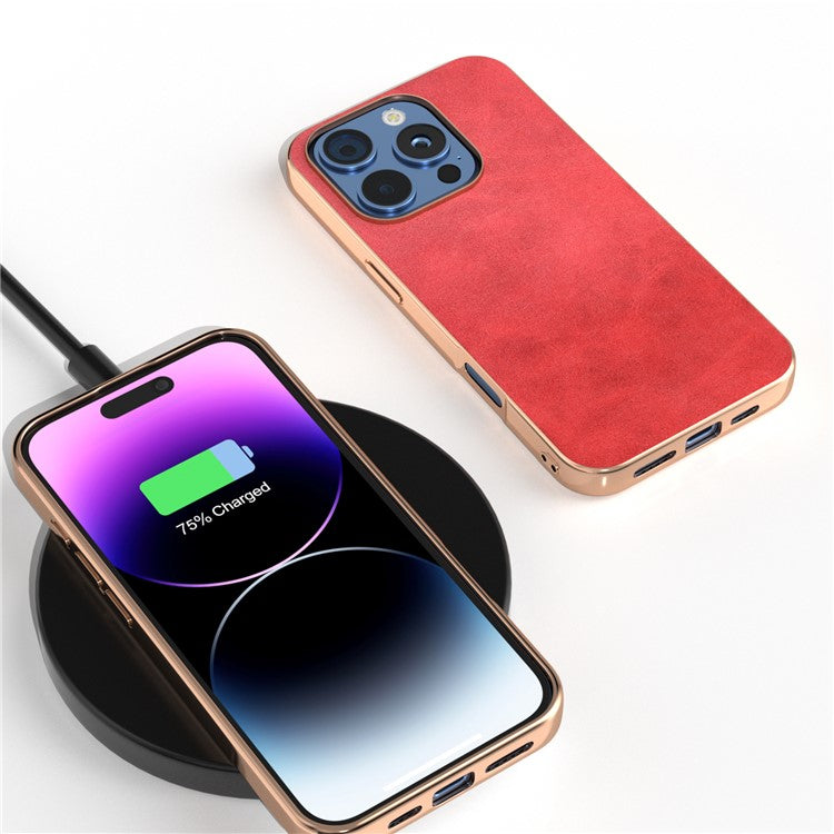 For iPhone 16 Pro Case Electroplating Phone Cover Cowhide Texture PU+TPU Protective Case - Red
