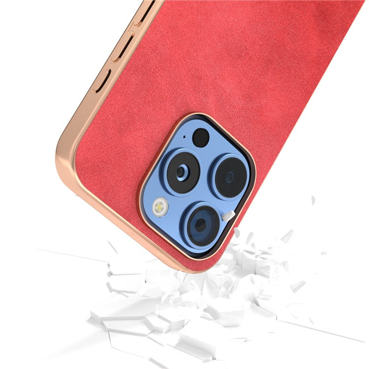 For iPhone 16 Pro Case Electroplating Phone Cover Cowhide Texture PU+TPU Protective Case - Red