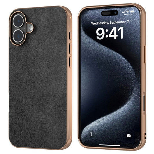 For iPhone 16 Plus Case Electroplating Phone Cover Cowhide Texture PU+TPU Protective Case - Black