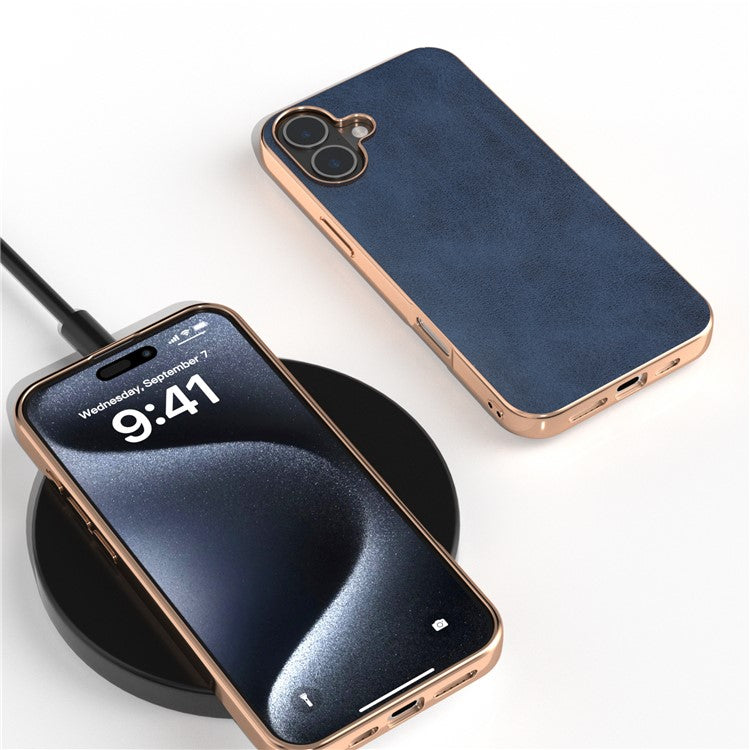For iPhone 16 Case Electroplating Phone Cover Cowhide Texture PU+TPU Protective Case - Blue