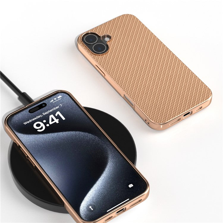 For iPhone 16 Case Electroplating Phone Cover Carbon Fiber Texture PU+TPU Protective Case - Beige