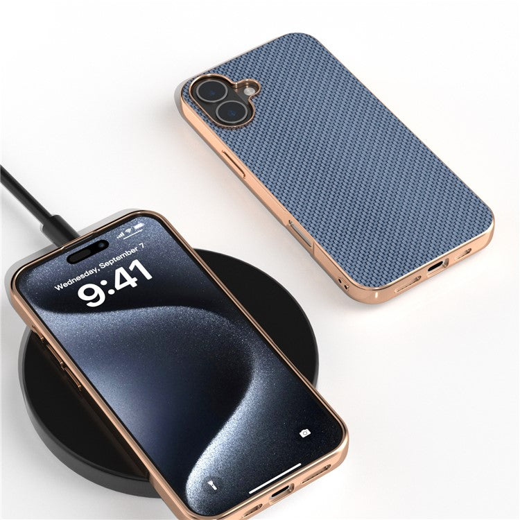 For iPhone 16 Case Electroplating Phone Cover Carbon Fiber Texture PU+TPU Protective Case - Baby Blue