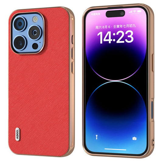 ABEEL For iPhone 16 Pro Case Electroplating Phone Cover Cross Texture Genuine Cow Leather+TPU Protective Case - Red
