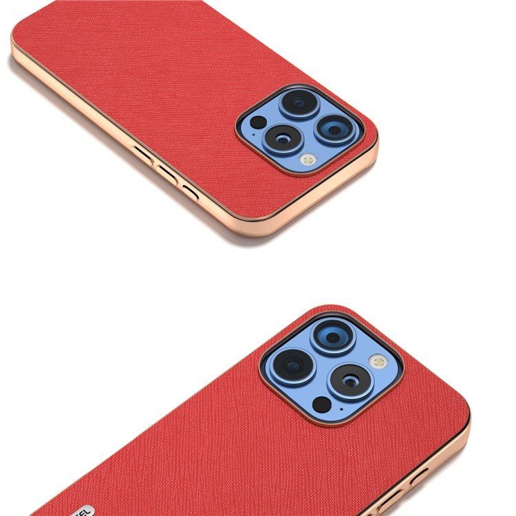 ABEEL For iPhone 16 Pro Case Electroplating Phone Cover Cross Texture Genuine Cow Leather+TPU Protective Case - Red