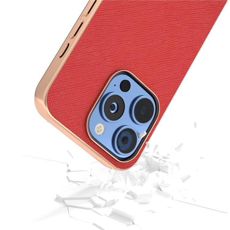 ABEEL For iPhone 16 Pro Case Electroplating Phone Cover Cross Texture Genuine Cow Leather+TPU Protective Case - Red