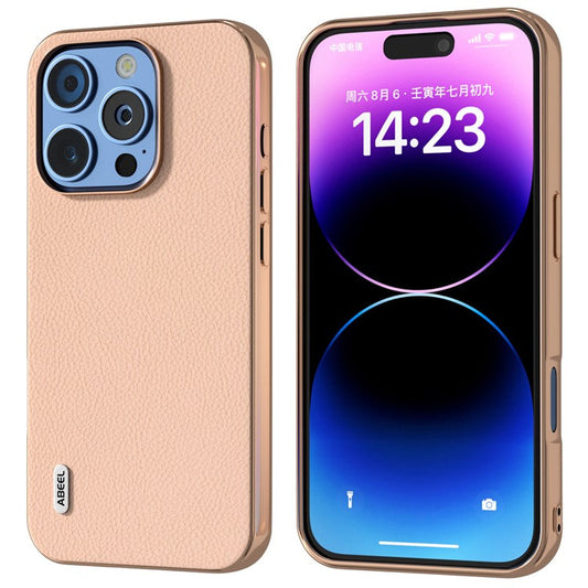 ABEEL For iPhone 16 Pro Case Electroplating Phone Cover Horizon Series Genuine Cow Leather+TPU Protective Case - Pink