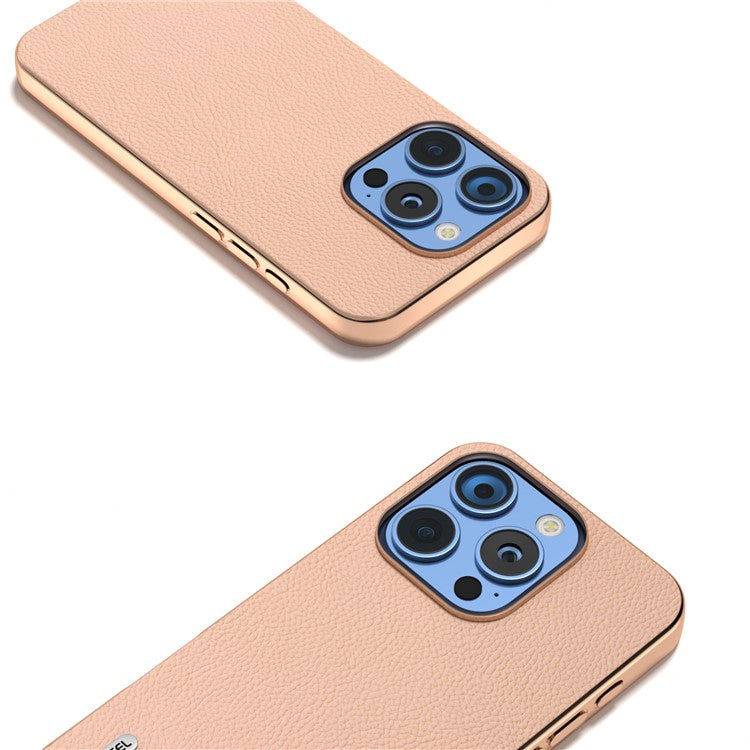 ABEEL For iPhone 16 Pro Case Electroplating Phone Cover Horizon Series Genuine Cow Leather+TPU Protective Case - Pink