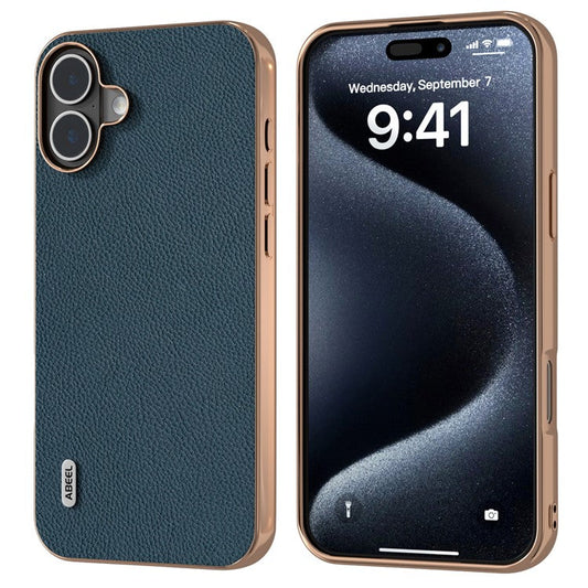 ABEEL For iPhone 16 Plus Case Electroplating Phone Cover Horizon Series Genuine Cow Leather+TPU Protective Case - Green