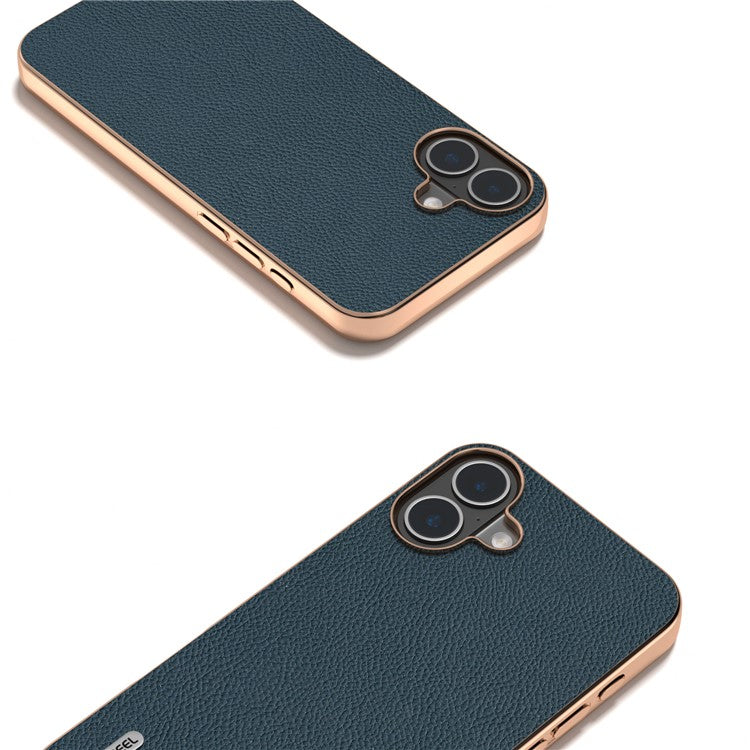 ABEEL For iPhone 16 Plus Case Electroplating Phone Cover Horizon Series Genuine Cow Leather+TPU Protective Case - Green