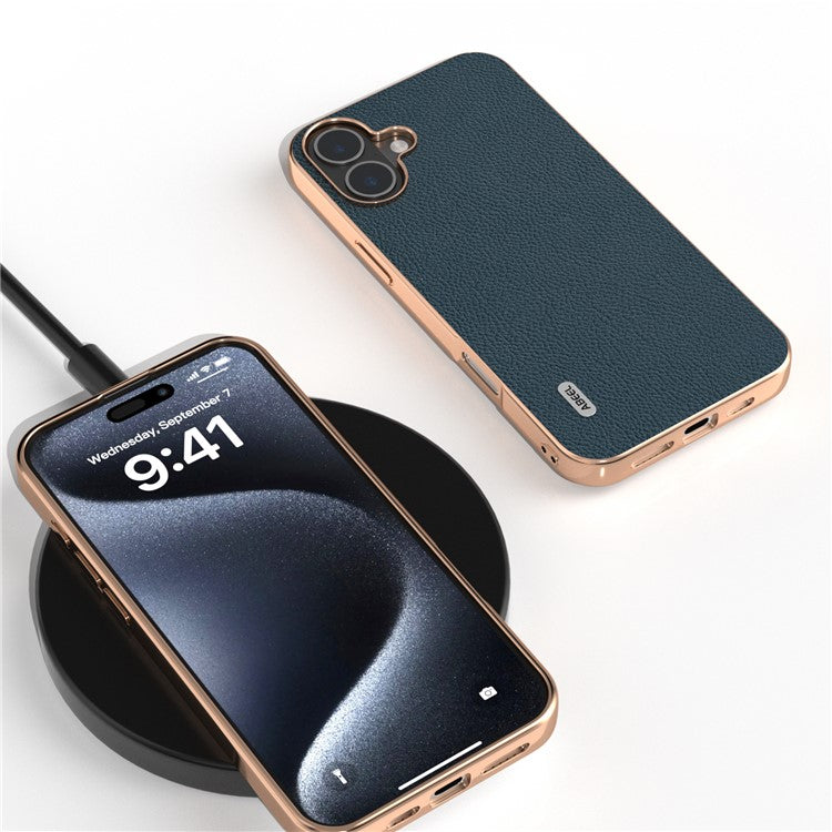 ABEEL For iPhone 16 Plus Case Electroplating Phone Cover Horizon Series Genuine Cow Leather+TPU Protective Case - Green