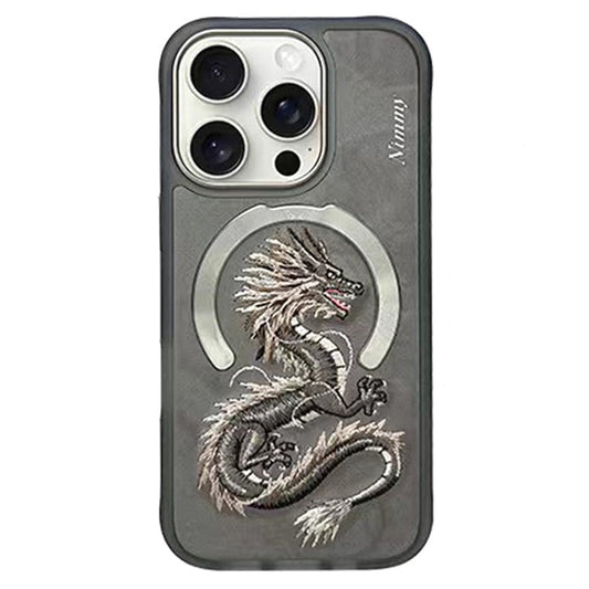 NIMMY For iPhone 16 Pro Magnetic Case Embroidery PU Leather Back Cover - Golden Dragon