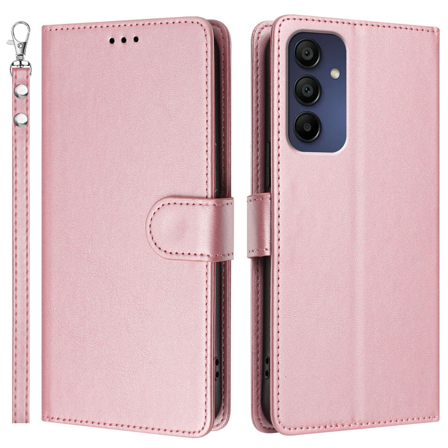 For Samsung Galaxy A16 5G / A16 4G Case RFID Blocking Wallet Leather Phone Cover with Strap - Rose Gold