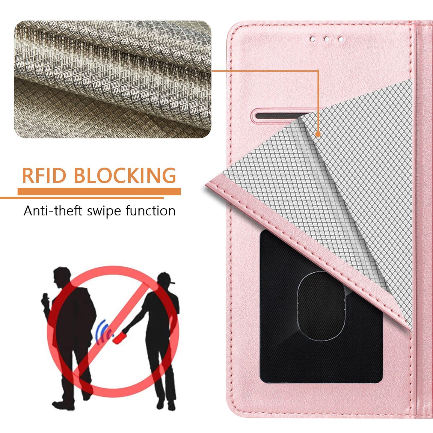 For Samsung Galaxy A16 5G / A16 4G Case RFID Blocking Wallet Leather Phone Cover with Strap - Rose Gold